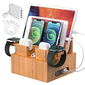 Bamboo Charging Station Organizer for Multiple Devices (Included 5 Port USB Charger, 6 Pack Charge & Sync Cable, with Earbuds & Watch Stand), Electronic Device Desktop Stations for Cell Phone, Tablet