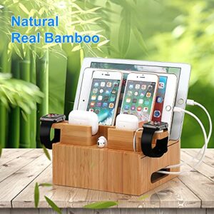 Bamboo Charging Station Organizer for Multiple Devices (Included 5 Port USB Charger, 6 Pack Charge & Sync Cable, with Earbuds & Watch Stand), Electronic Device Desktop Stations for Cell Phone, Tablet