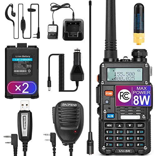 Ham Radio Handheld (UV-5R 8W) Dual Band 2-Way Radio with 2 Rechargeable 2100mAh Battery Handheld Walkie Talkies Complete Set with Earpiece and Programming Cable (3rd Gen)