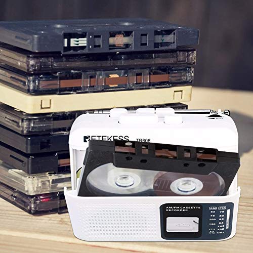 Retekess TR606 Tape Recorder Cassette Player, AM FM Cassette Players Walkman, Supports Voice/AUX Line in Record, Powered by DC or AA Battery (White)