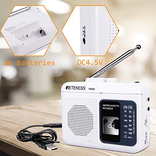 Retekess TR606 Tape Recorder Cassette Player, AM FM Cassette Players Walkman, Supports Voice/AUX Line in Record, Powered by DC or AA Battery (White)