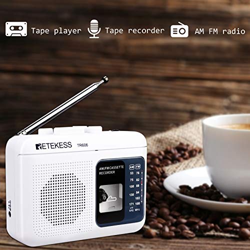 Retekess TR606 Tape Recorder Cassette Player, AM FM Cassette Players Walkman, Supports Voice/AUX Line in Record, Powered by DC or AA Battery (White)