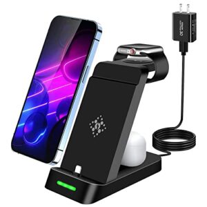 charging station for iphone multiple devices, 3 in 1 wireless charging dock stand compatible with apple watch series 8 7 6 se 5 4 3 2 & iphone 14 13 12 11 pro max xs xr 8 7 plus airpods with adapter