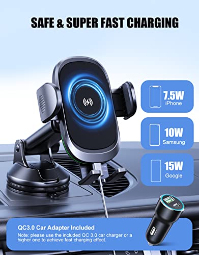 OBRFFE Wireless Car Charger Mount, [Upgraded Rotatable Suction Cup] 15W Fast Charging Car Phone Holder Wireless Charger Compatible with iPhone 14 13 Pro Max/12 Mini/11/X/XS, Samsung S23/22 and More