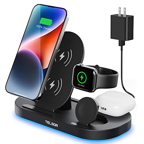 Wireless Charging Station, TELSOR 3 in 1 Foldable Wireless Charger, 18W Fast Wireless Charging Station for iPhone14/13/12/11/Pro/Max/XS, iWatch S8/7/6/5/4/3/2/SE, AirPods 3/2/Pro/Pro 2nd, Black