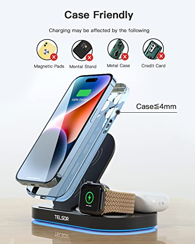 Wireless Charging Station, TELSOR 3 in 1 Foldable Wireless Charger, 18W Fast Wireless Charging Station for iPhone14/13/12/11/Pro/Max/XS, iWatch S8/7/6/5/4/3/2/SE, AirPods 3/2/Pro/Pro 2nd, Black