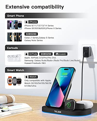 Wireless Charging Station, TELSOR 3 in 1 Foldable Wireless Charger, 18W Fast Wireless Charging Station for iPhone14/13/12/11/Pro/Max/XS, iWatch S8/7/6/5/4/3/2/SE, AirPods 3/2/Pro/Pro 2nd, Black