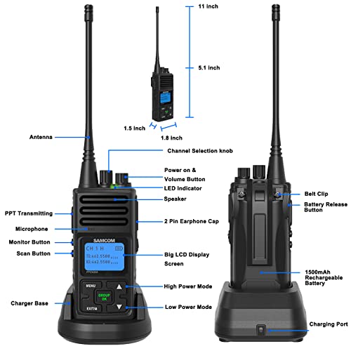 SAMCOM Two Way Radios Walkie Talkies Long Range 5 Watts 2 Way Radio with Earpieces Rechargeable Hand-held UHF Business Programmable Portable, Dual Channels/PTTs/Group Call, 3 Packs