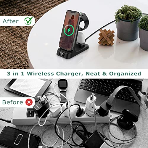 DDUAN Wireless Charging Station, 3 in 1 Fast Charger Stand, Wireless Charger for iPhone14/13/12/11/Pro/Max/X/XS/Max/XR/8 & Apple Watch 8/7/SE2/Airpods1 2/Pro1 2(QC3.0 Adapter)