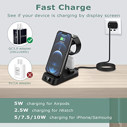 DDUAN Wireless Charging Station, 3 in 1 Fast Charger Stand, Wireless Charger for iPhone14/13/12/11/Pro/Max/X/XS/Max/XR/8 & Apple Watch 8/7/SE2/Airpods1 2/Pro1 2(QC3.0 Adapter)