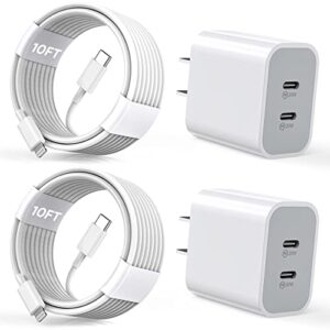iphone charger [apple mfi certified] 2pack pd dual type c port fast charging block plug with 10ft long usb c to lightning cable cord for iphone 14/14 plus/14 pro max/13 mini/13/12/11/xs/xr/x, ipad
