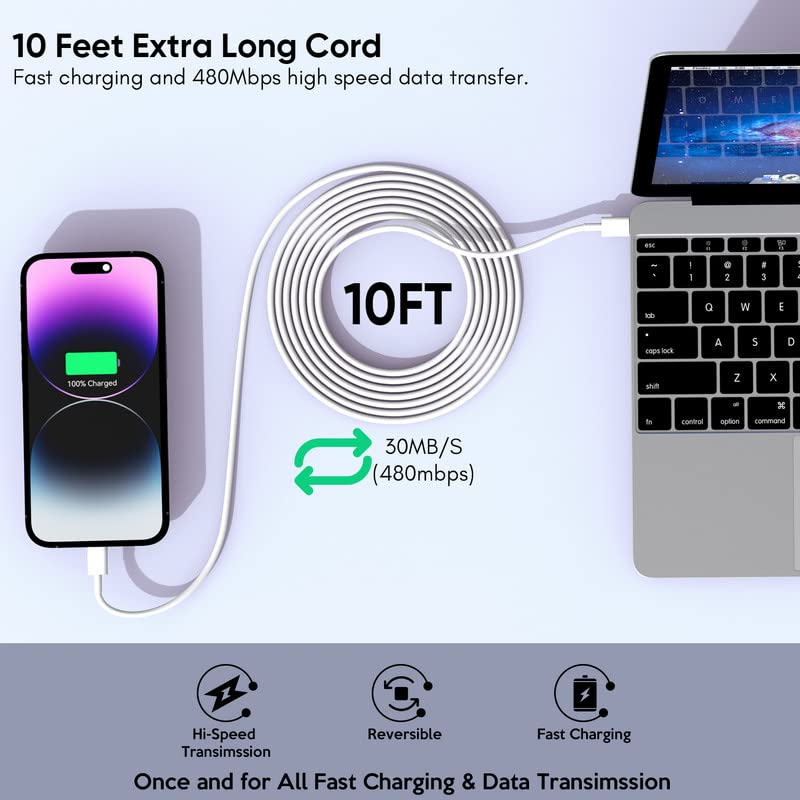 iPhone Charger [Apple MFi Certified] 2Pack PD Dual Type C Port Fast Charging Block Plug with 10FT Long USB C to Lightning Cable Cord for iPhone 14/14 Plus/14 Pro Max/13 Mini/13/12/11/XS/XR/X, iPad