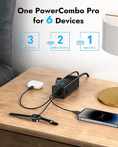 USB C Charger, Baseus PowerCombo Pro 40W, Surge Protector Power Strip, 6-in-1 USB C Charging Station with 3 Outlets, 2 USB-C Ports, USB Port, for Nightstand, Travel, TV Cabinet, and End Table