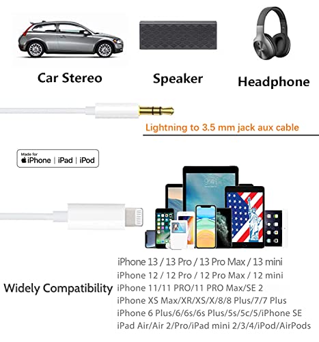 Aux Cord for iPhone,[Apple MFi Certified] Lightning to 3.5 mm AUX Cable for Car Stereo, Speaker, Headphone, Auxiliary Audio Cable Compatible with iPhone 14 13 12 11 XS XR X 8 7 3.3FT White