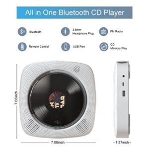 Desktop CD Player for Home, Bluetooth CD Player with Speakers, Wall Mounted, Remote Control, FM Radio, AUX Line, USB Read, Compatible Formats, Wired Powered, Gift, White