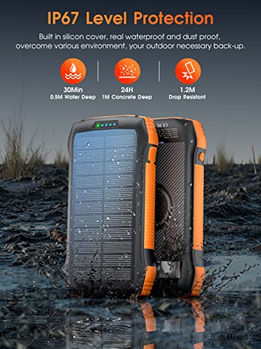 Solar Power Bank, MOSKIZ Portable Charger 33500mAh QC3.0 18W PD 20W Fast Charging, Portable Phone Charger with 10W Wireless 5 Outputs IP67 Waterproof 6W Bright Flashlight for iPhone Samsung etc.