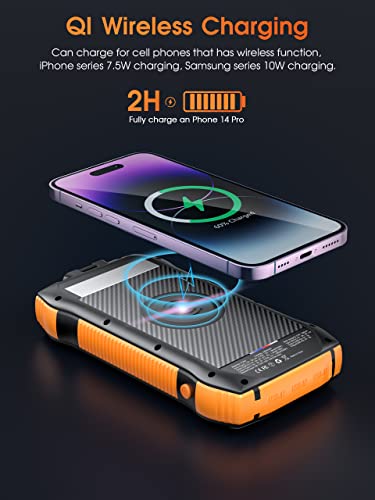 Solar Power Bank, MOSKIZ Portable Charger 33500mAh QC3.0 18W PD 20W Fast Charging, Portable Phone Charger with 10W Wireless 5 Outputs IP67 Waterproof 6W Bright Flashlight for iPhone Samsung etc.