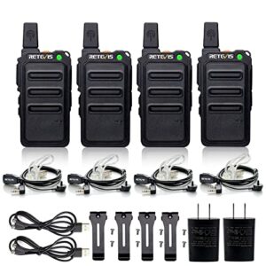 retevis rt19 walkie talkies for adults,walkie talkie with earpiece and mic set,metal clip,1300mah,usb charger,hands free two way radios for warehouse clinic restaurant easter baskets for kids (4 pack)