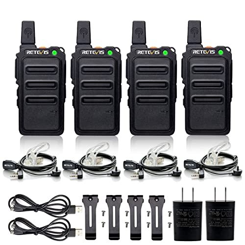 Retevis RT19 Walkie Talkies for Adults,Walkie Talkie with Earpiece and Mic Set,Metal Clip,1300mAh,USB Charger,Hands Free Two Way Radios for Warehouse Clinic Restaurant Easter Baskets for Kids (4 Pack)