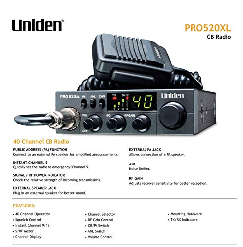 Uniden PRO520XL Pro Series 40-Channel CB Radio. Compact Design. ANL Switch and PA/CB Switch. 7 Watts of Audio Output and Instant Emergency Channel 9. - Black