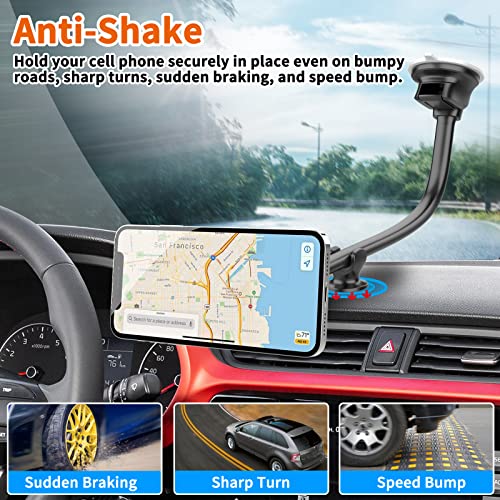 Magnetic Phone Car Mount [14-Inch Gooseneck Long Arm Extension], 1Zero Universal Windshield Dashboard Industrial-Strength Suction Cup Car Phone Holder with 6 Strong Magnets, for All Cell Phones iPhone