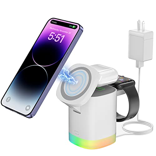 3 in 1 Magnetic Wireless Charger, Mag-Safe Charger 18W Fast Charging for iPhone 14/13/12 Pro Max/Pro/Mini, Wireless Charging Station for AirPods Pro 2/Pro/3/2, iWatch Ultra/8/7/SE (with QC3.0 Adapter)