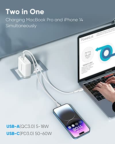 USB C Charger, PowerLot 68W 2 Port GaN PD& QC USB-C Power Adapter, 60W USB C Wall Charger for MacBook Pro, iPad pro Charger Block, 18W USB A Fast Charger for iPhone 12 Pro Max/ 11 Pro Max/iPad Air