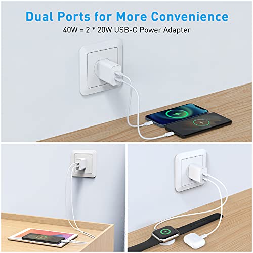 Knofarm Type C Charger, iPhone Charger, Dual Port 40W USB C Wall Charger Fast Charging Block for iPhone 14 13 12 Pro Max SE iPad Pro Air Mini Galaxy Pixel PD 3.0 USBC Power Adapter Plug Cube Box Brick