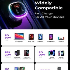 Car Charger USB C, 66W LISEN 3 USB Port [PD 36W+QC 30W] All Metal Car Charger iPhone, Fast Charging Car Adapter Colorful Lighting PD&QC 3.0 for iPhone 14 13 Pro, Samsung S23 iPad MacBook Pro Laptop