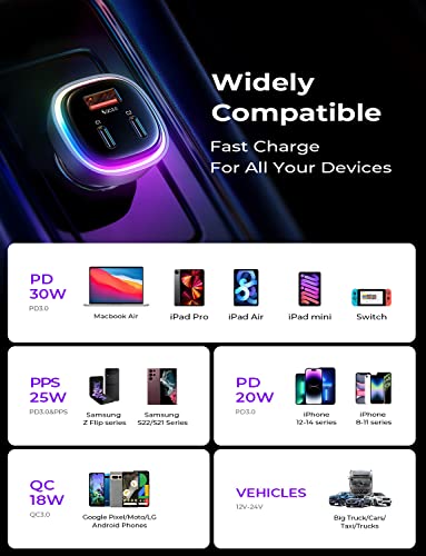 Car Charger USB C, 66W LISEN 3 USB Port [PD 36W+QC 30W] All Metal Car Charger iPhone, Fast Charging Car Adapter Colorful Lighting PD&QC 3.0 for iPhone 14 13 Pro, Samsung S23 iPad MacBook Pro Laptop