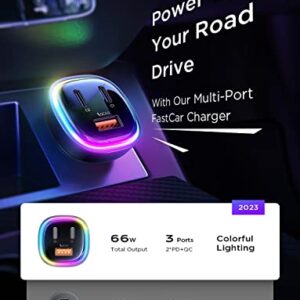 Car Charger USB C, 66W LISEN 3 USB Port [PD 36W+QC 30W] All Metal Car Charger iPhone, Fast Charging Car Adapter Colorful Lighting PD&QC 3.0 for iPhone 14 13 Pro, Samsung S23 iPad MacBook Pro Laptop