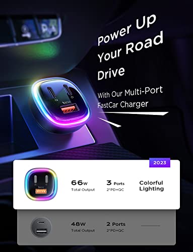 Car Charger USB C, 66W LISEN 3 USB Port [PD 36W+QC 30W] All Metal Car Charger iPhone, Fast Charging Car Adapter Colorful Lighting PD&QC 3.0 for iPhone 14 13 Pro, Samsung S23 iPad MacBook Pro Laptop