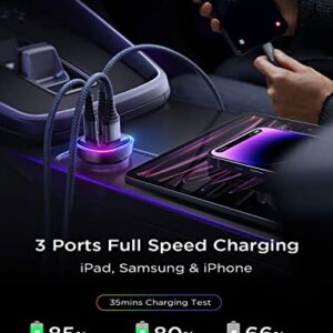 Car Charger USB C, 66W LISEN 3 USB Port [PD 36W+QC 30W] All Metal Car Charger iPhone, Fast Charging Car Adapter Colorful Lighting PD&QC 3.0 for iPhone 14 13 Pro, Samsung S23 iPad MacBook Pro Laptop