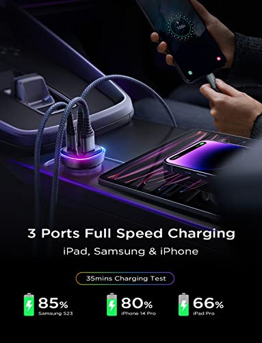 Car Charger USB C, 66W LISEN 3 USB Port [PD 36W+QC 30W] All Metal Car Charger iPhone, Fast Charging Car Adapter Colorful Lighting PD&QC 3.0 for iPhone 14 13 Pro, Samsung S23 iPad MacBook Pro Laptop