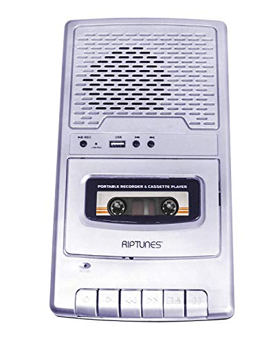 Riptunes Portable Cassette Recorder Player, Tape to USB Audio Music Digital Converter, Retro Classroom Shoebox Cassette Player and Recorder USB Player, Cassette-MP3 Converter with Built-in Microphone