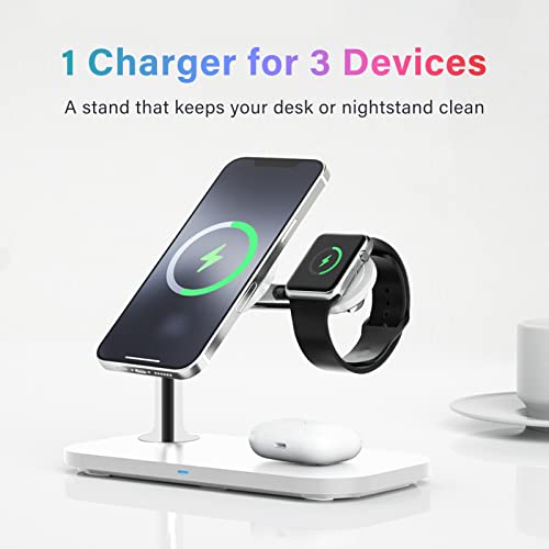 3 in 1 Magnetic Wireless Charger, with 20W USB-C Adapter, Charging Station for Apple Products Compatible with MagSafe for iPhone 14 13 12 Pro Max, Watch Series 1-8, AirPods Pro (White)