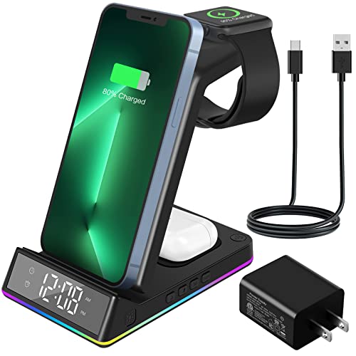 CILYOCRA 5 in 1 Wireless Charger,15W Fast Charging Station with Alarm Clock and Night Light,Compatible with iPhone 14/13/12/12 Pro Max/11 Series/XS Max/XR/XS/X/8/8 Plus/Samsung Galaxy