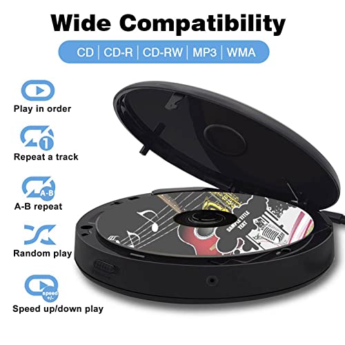 Lukasa Portable Bluetooth CD Player Built-in Speaker Stereo, Personal Walkman MP3 Players Rechargeable Compact Car Disc CD Music Player USB Play Anti-Shock Protection (Black)