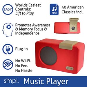 SMPL One-Touch Music Player, Audiobooks + MP3, Quality-Sound, Durable Wooden Encloser with Retro Look, 4GB USB with 40 Nostalgic Hits Included, Live Technical Support (Red, Music Player)