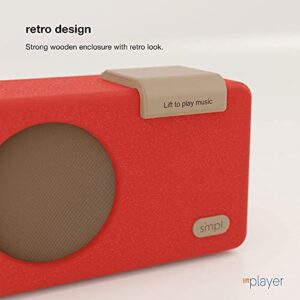 SMPL One-Touch Music Player, Audiobooks + MP3, Quality-Sound, Durable Wooden Encloser with Retro Look, 4GB USB with 40 Nostalgic Hits Included, Live Technical Support (Red, Music Player)