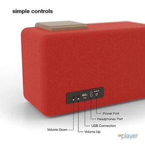 SMPL One-Touch Music Player, Audiobooks + MP3, Quality-Sound, Durable Wooden Encloser with Retro Look, 4GB USB with 40 Nostalgic Hits Included, Live Technical Support (Red, Music Player)