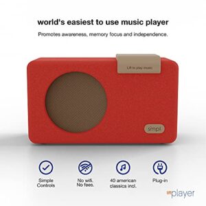 SMPL One-Touch Music Player, Audiobooks + MP3, Quality-Sound, Durable Wooden Encloser with Retro Look, 4GB USB with 40 Nostalgic Hits Included, Live Technical Support (Red, Music Player)