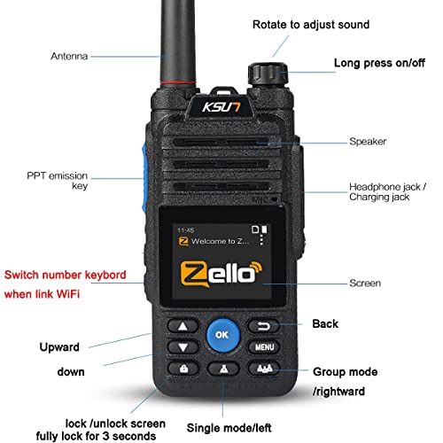 Walkie Talkie Phones Zello PTT Button APP WiFi Mobile Radio 3G/4G Network 100 Miles Long Range Smartphone GPS Android KSUN ZL10