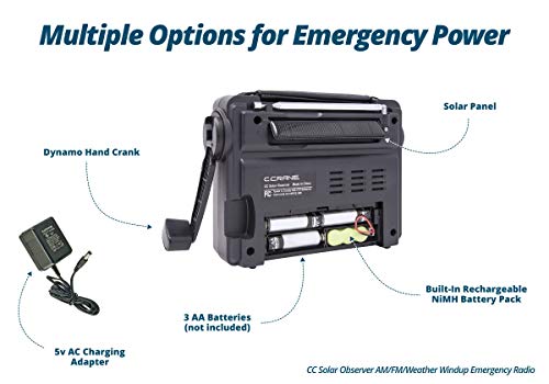 C. Crane CC Solar Observer Wind Up Solar Emergency Crank Radio with AM, FM, NOAA Weather, Built in LED Flashlight, Cellphone Charger and AC Adapter