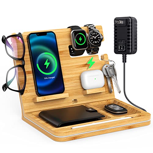 Bamboo Phone Docking Station, OTESS 6 in 1 Wireless Charging Station Compatible with iPhone/AirPods, Nightstand Organizer With Key Holder, Wallet Stand & Watch Organizer, Best Gift For Men/Dad/Husband