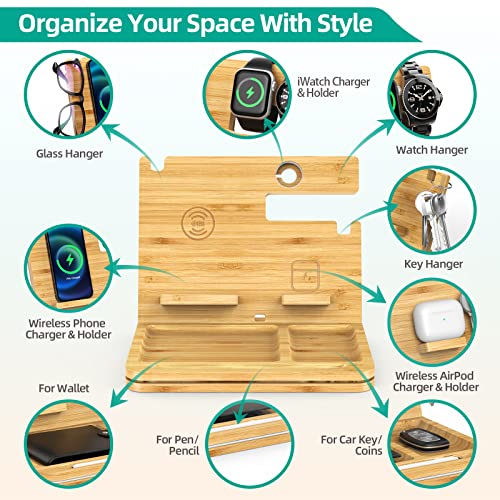 Bamboo Phone Docking Station, OTESS 6 in 1 Wireless Charging Station Compatible with iPhone/AirPods, Nightstand Organizer With Key Holder, Wallet Stand & Watch Organizer, Best Gift For Men/Dad/Husband