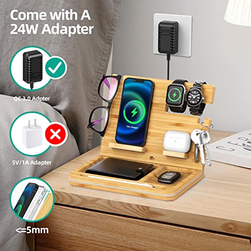 Bamboo Phone Docking Station, OTESS 6 in 1 Wireless Charging Station Compatible with iPhone/AirPods, Nightstand Organizer With Key Holder, Wallet Stand & Watch Organizer, Best Gift For Men/Dad/Husband