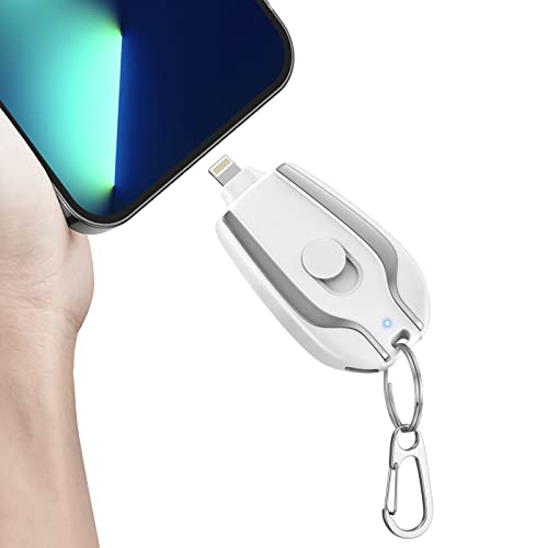 EMNT Keychain Portable Charger for iPhone, 1700mAh Mini Power Emergency Pod,Ultra-Compact External Fast Charging Power Bank Battery Pack, Key Ring Cell Phone Charger,Charger Smaller Than a Card,White