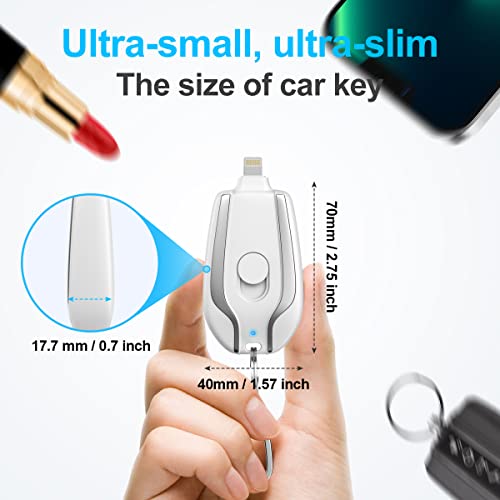 EMNT Keychain Portable Charger for iPhone, 1700mAh Mini Power Emergency Pod,Ultra-Compact External Fast Charging Power Bank Battery Pack, Key Ring Cell Phone Charger,Charger Smaller Than a Card,White