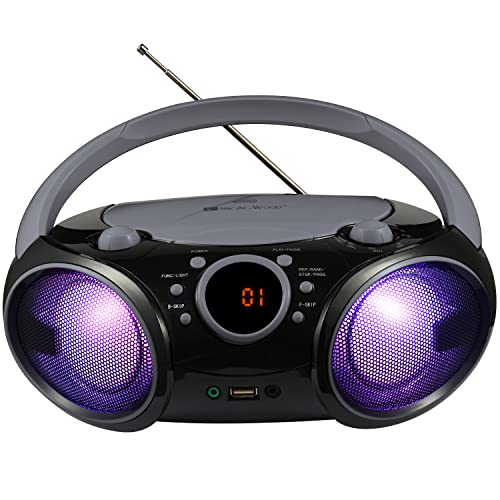 SINGING WOOD CD Boombox Portable/w Bluetooth USB MP3 Player AM/FM Radio AUX Headset Jack LED Backlit (Phantom Black)